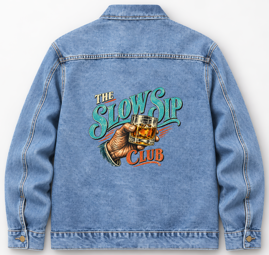 Back of Medium Denim Wash vintage denim jacket with The Slow Sip Club printed design