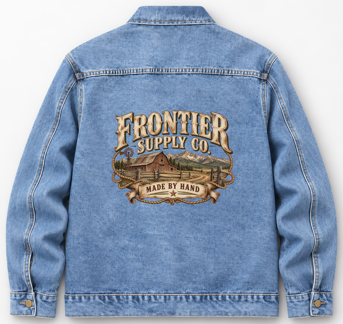 Back of Medium Denim Wash vintage denim jacket with Frontier Supply Co. Made By Hand printed design