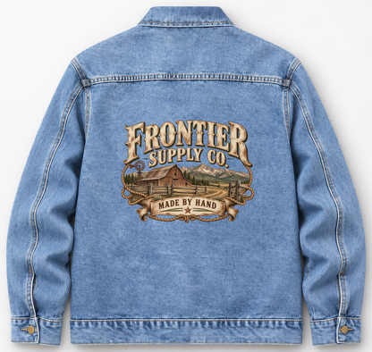 Back of Medium Denim Wash vintage denim jacket with Frontier Supply Co. Made By Hand printed design