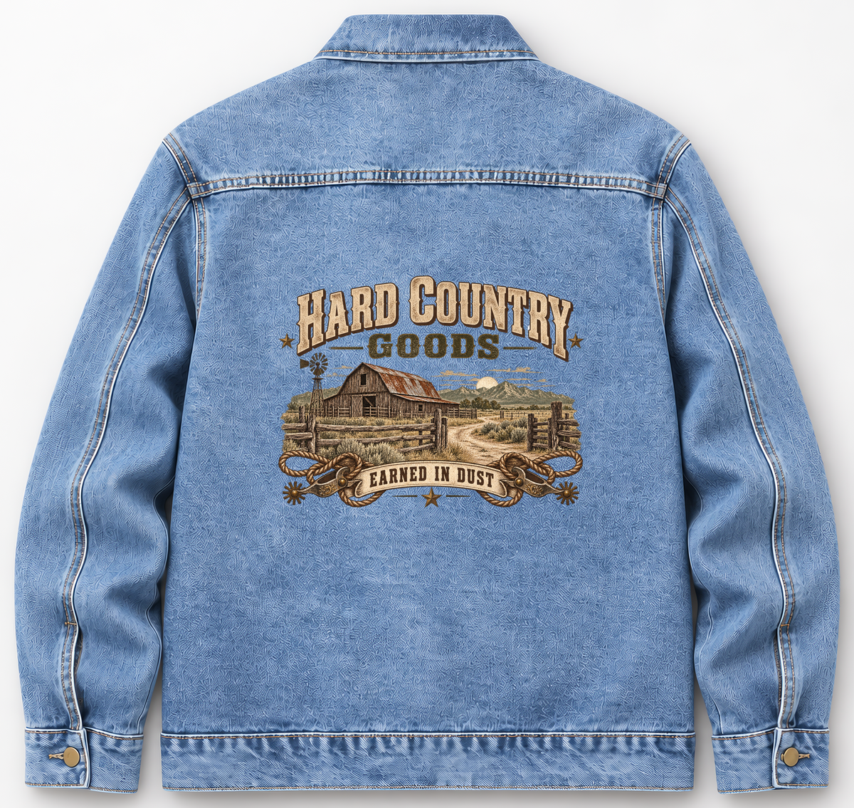 Back of Medium Denim Wash vintage denim jacket with Hard Country Goods Earned In Dust printed design