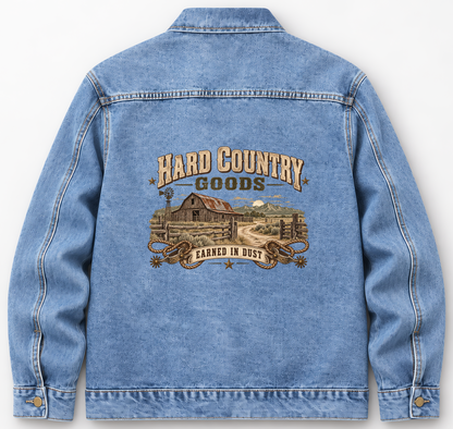 Back of Medium Denim Wash vintage denim jacket with Hard Country Goods Earned In Dust printed design