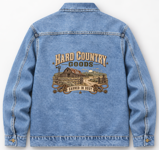 Back of Medium Denim Wash vintage denim jacket with Hard Country Goods Earned In Dust printed design