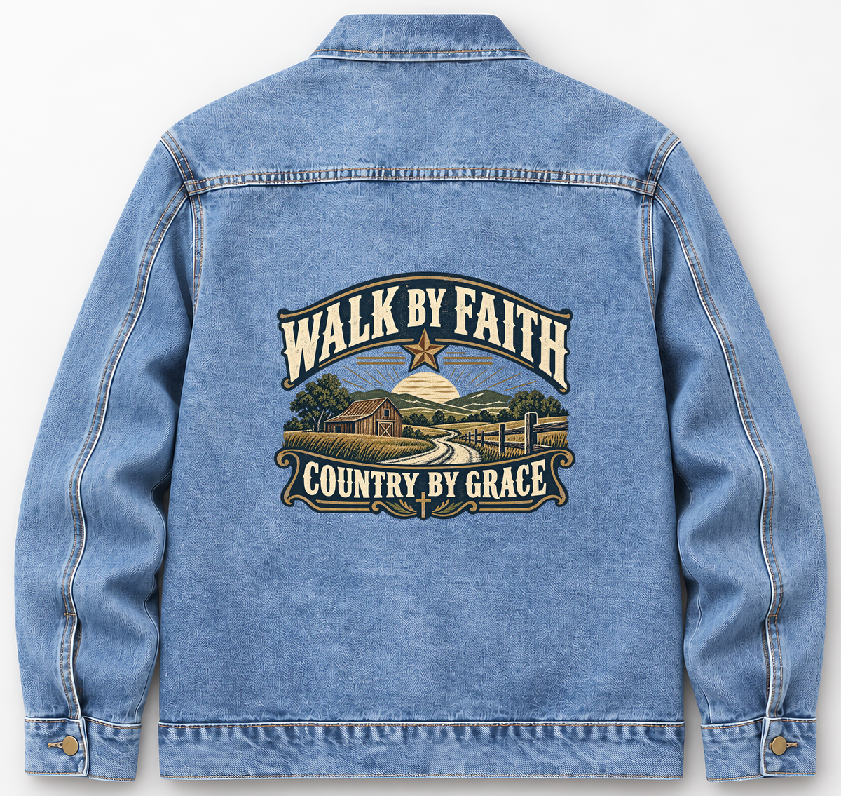 Back of Medium Denim Wash vintage denim jacket with Walk By Faith. Country By Grace printed design