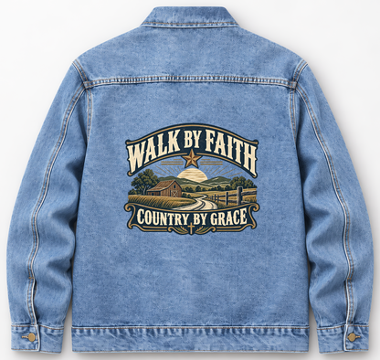 Back of Medium Denim Wash vintage denim jacket with Walk By Faith. Country By Grace printed design