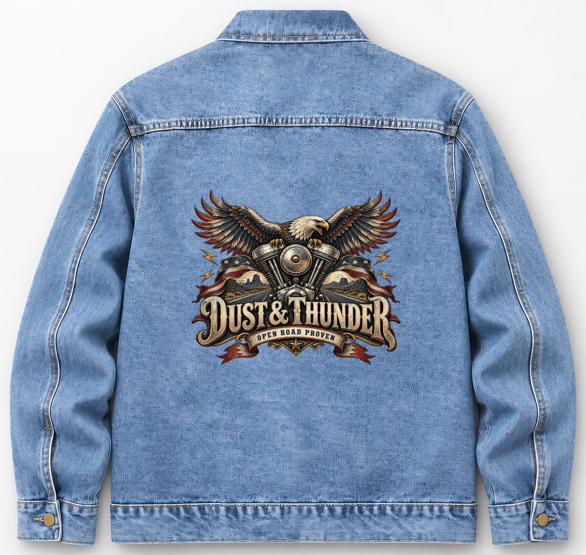 Back of Medium Denim Wash vintage denim jacket with Dust & Thunder. Open Road Proven printed design
