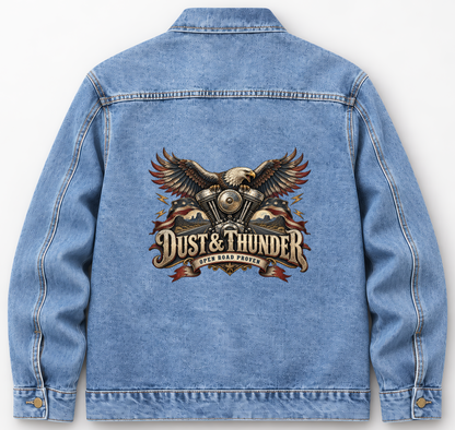Back of Medium Denim Wash vintage denim jacket with Dust & Thunder. Open Road Proven printed design