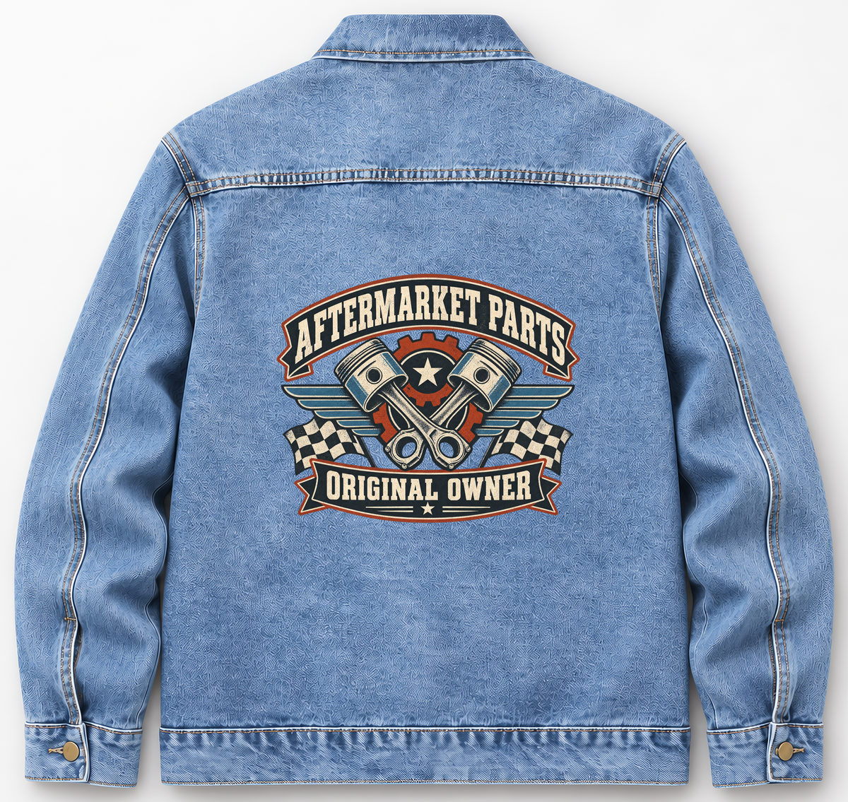 Back of Medium Denim Wash vintage denim jacket with Aftermarket Parts. Original Owner printed design