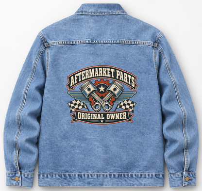 Back of Medium Denim Wash vintage denim jacket with Aftermarket Parts. Original Owner printed design