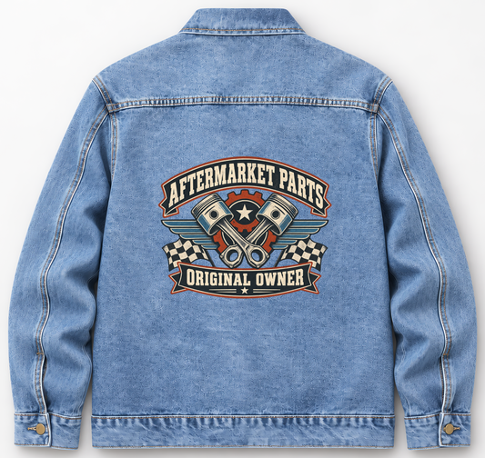 Back of Medium Denim Wash vintage denim jacket with Aftermarket Parts. Original Owner printed design