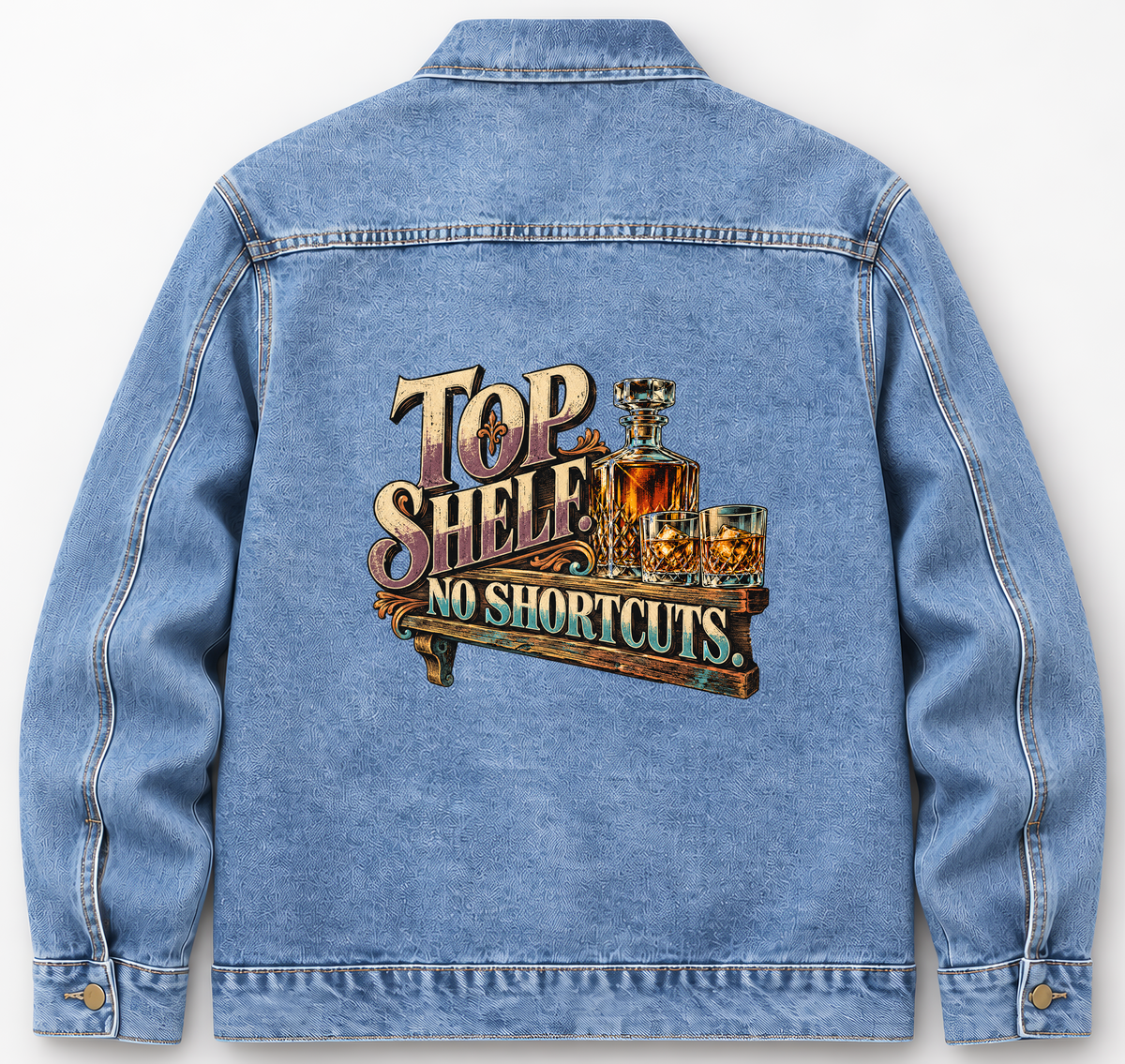 Back of Medium Denim Wash vintage denim jacket with Top Shelf. No Shortcuts printed design