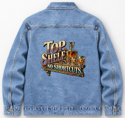 Back of Medium Denim Wash vintage denim jacket with Top Shelf. No Shortcuts printed design
