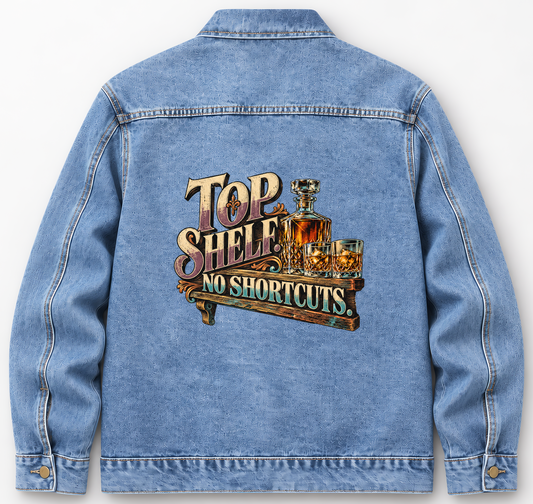 Back of Medium Denim Wash vintage denim jacket with Top Shelf. No Shortcuts printed design