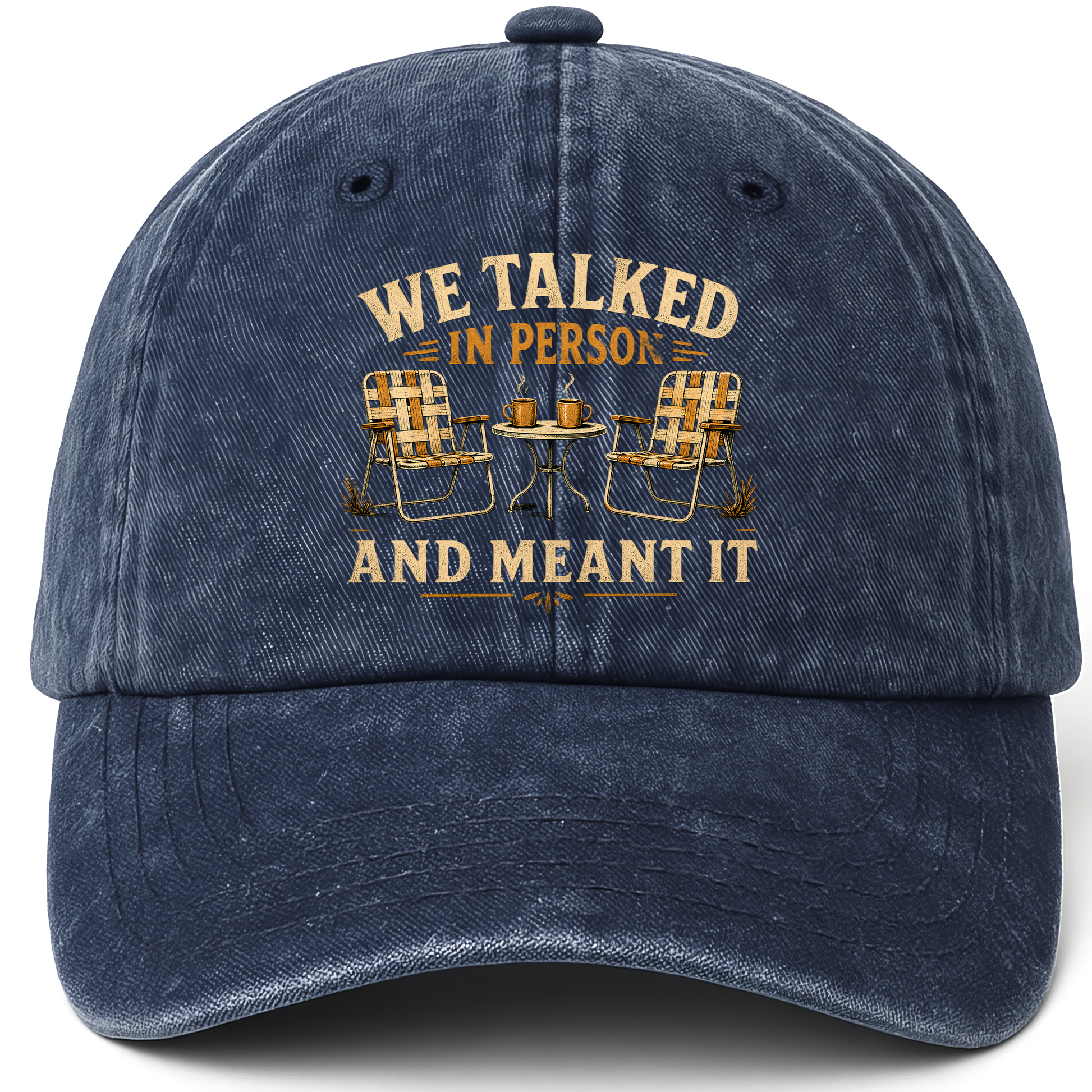 Navy vintage washed cap with We talked in person cap printed front design