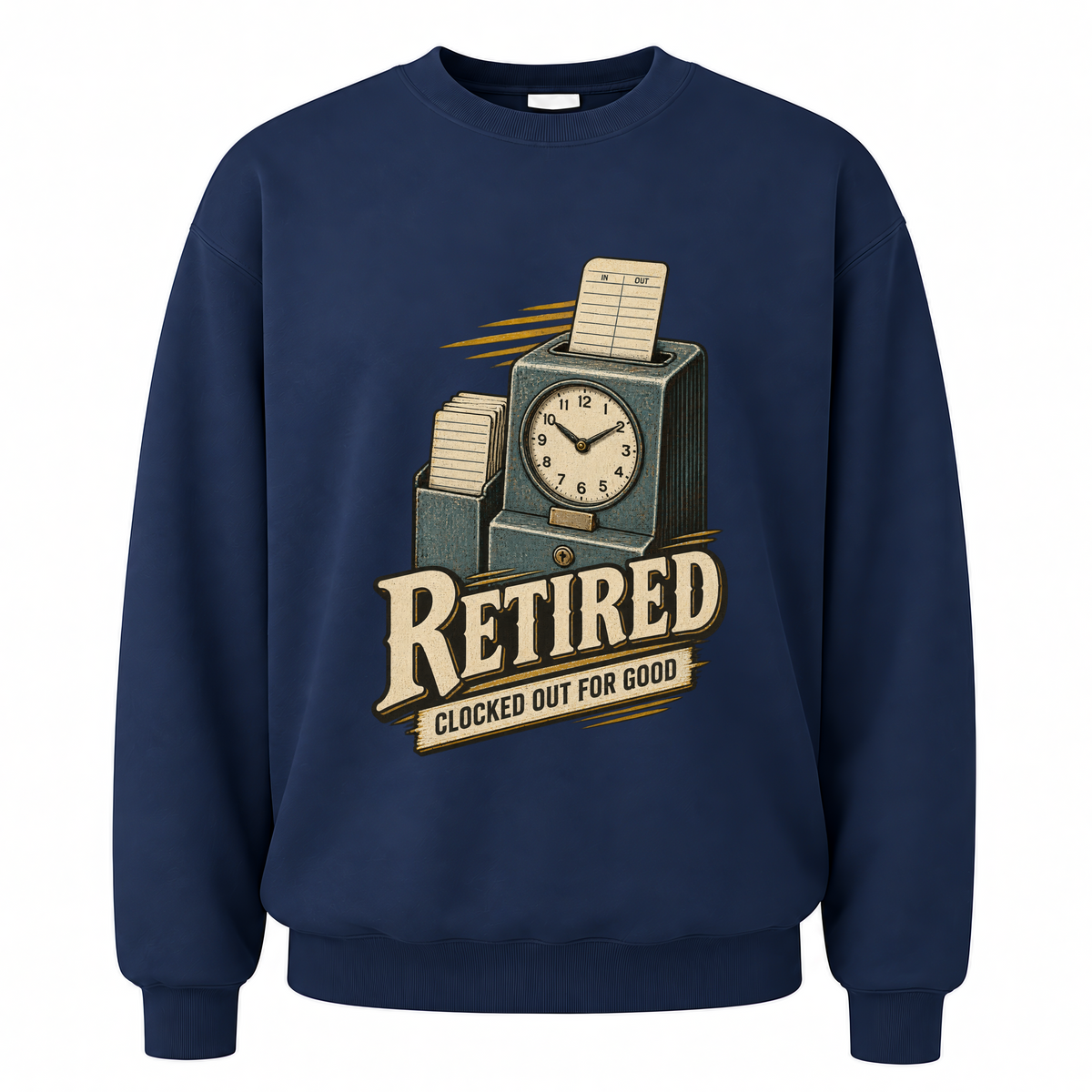 Navy vintage sweatshirt with Clocked Out For Good printed front design