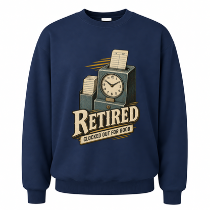 Navy vintage sweatshirt with Clocked Out For Good printed front design