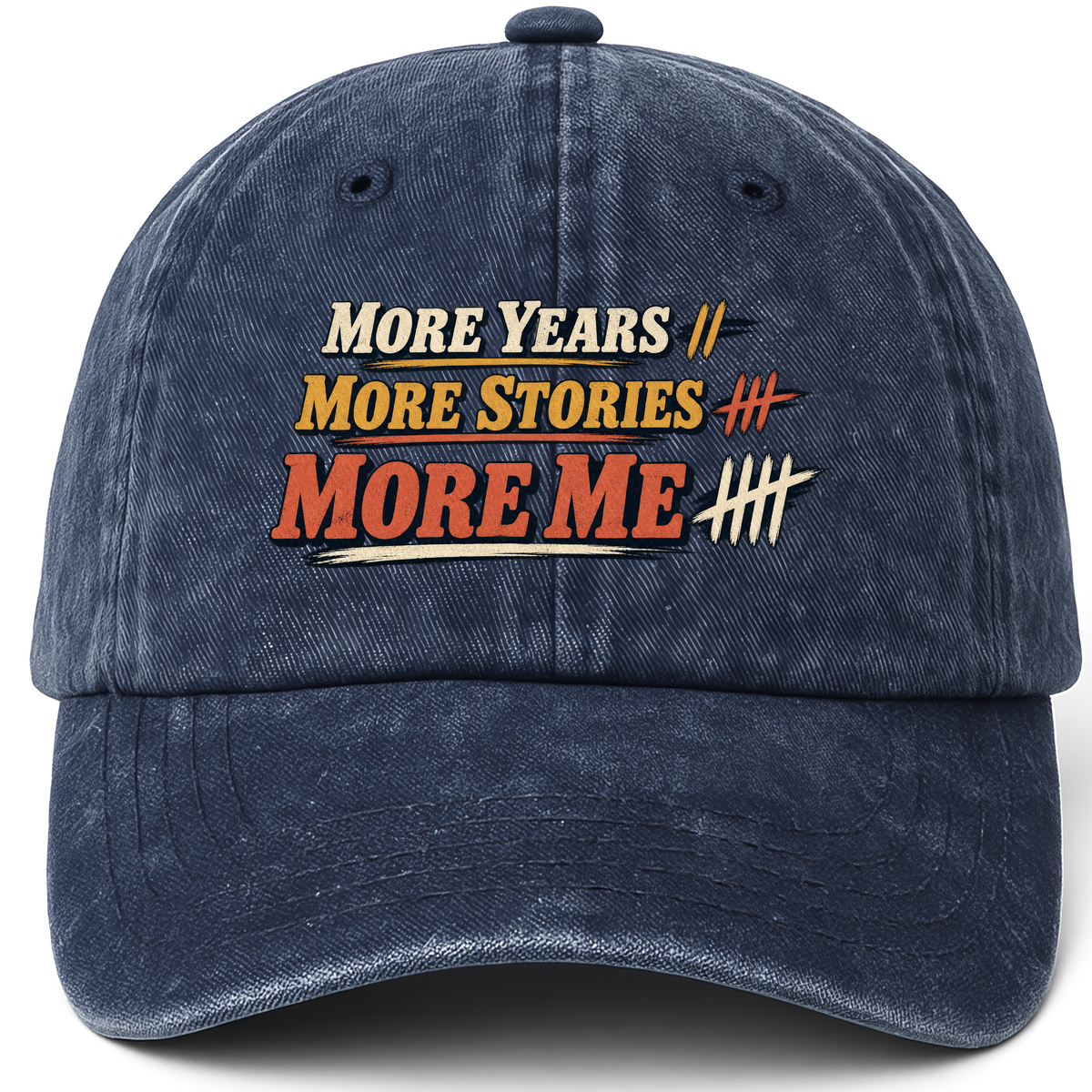 Navy vintage washed cap with More Years More Stories More Me printed front design