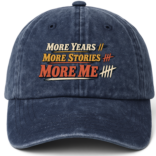 Navy vintage washed cap with More Years More Stories More Me printed front design