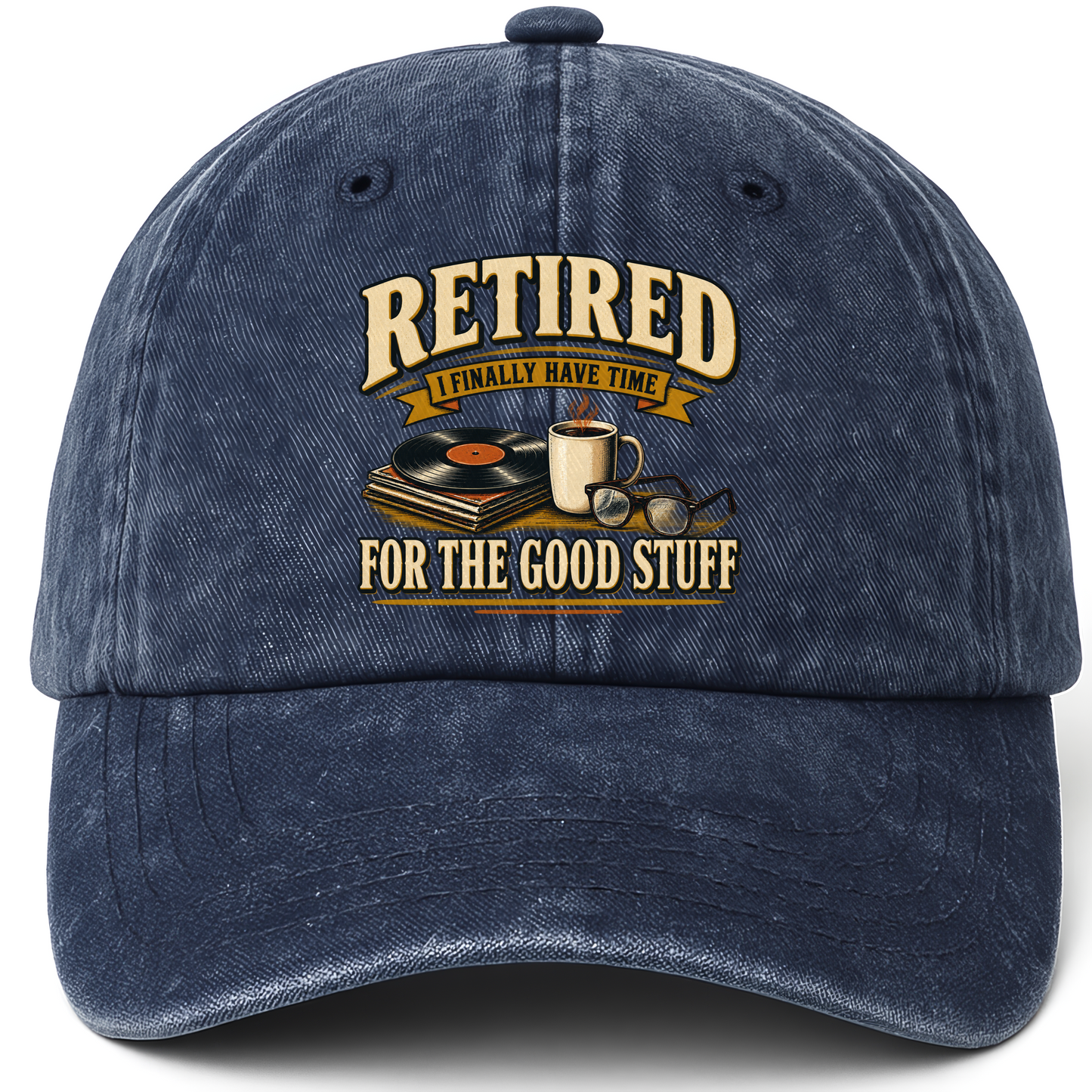 Navy vintage washed cap with 40 time for the good stuff ideogram 4x TRIM pad80 printed front design