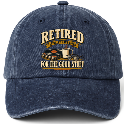 Navy vintage washed cap with 40 time for the good stuff ideogram 4x TRIM pad80 printed front design