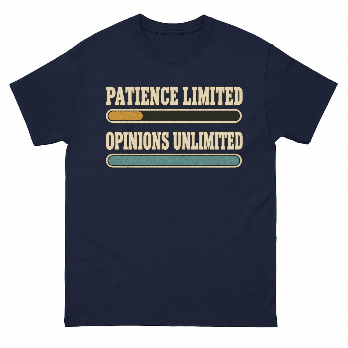 Navy vintage t-shirt with Patience Limited Opinions Unlimited printed front design