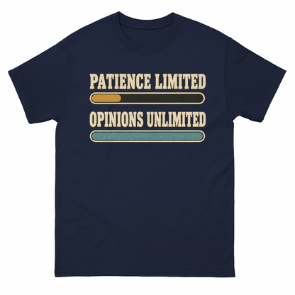 Navy vintage t-shirt with Patience Limited Opinions Unlimited printed front design