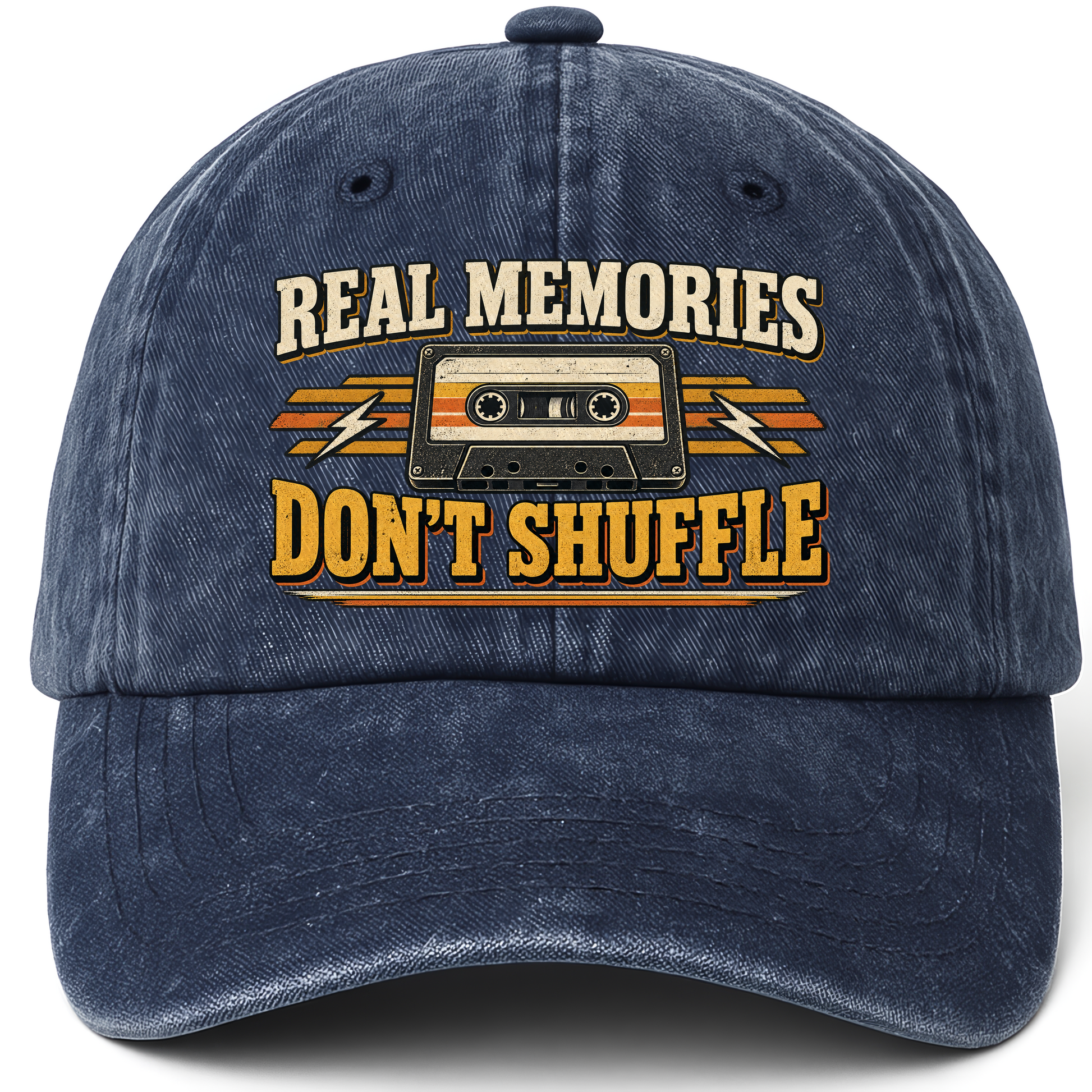 Navy vintage washed cap with Real Memories Don’t Shuffle printed front design