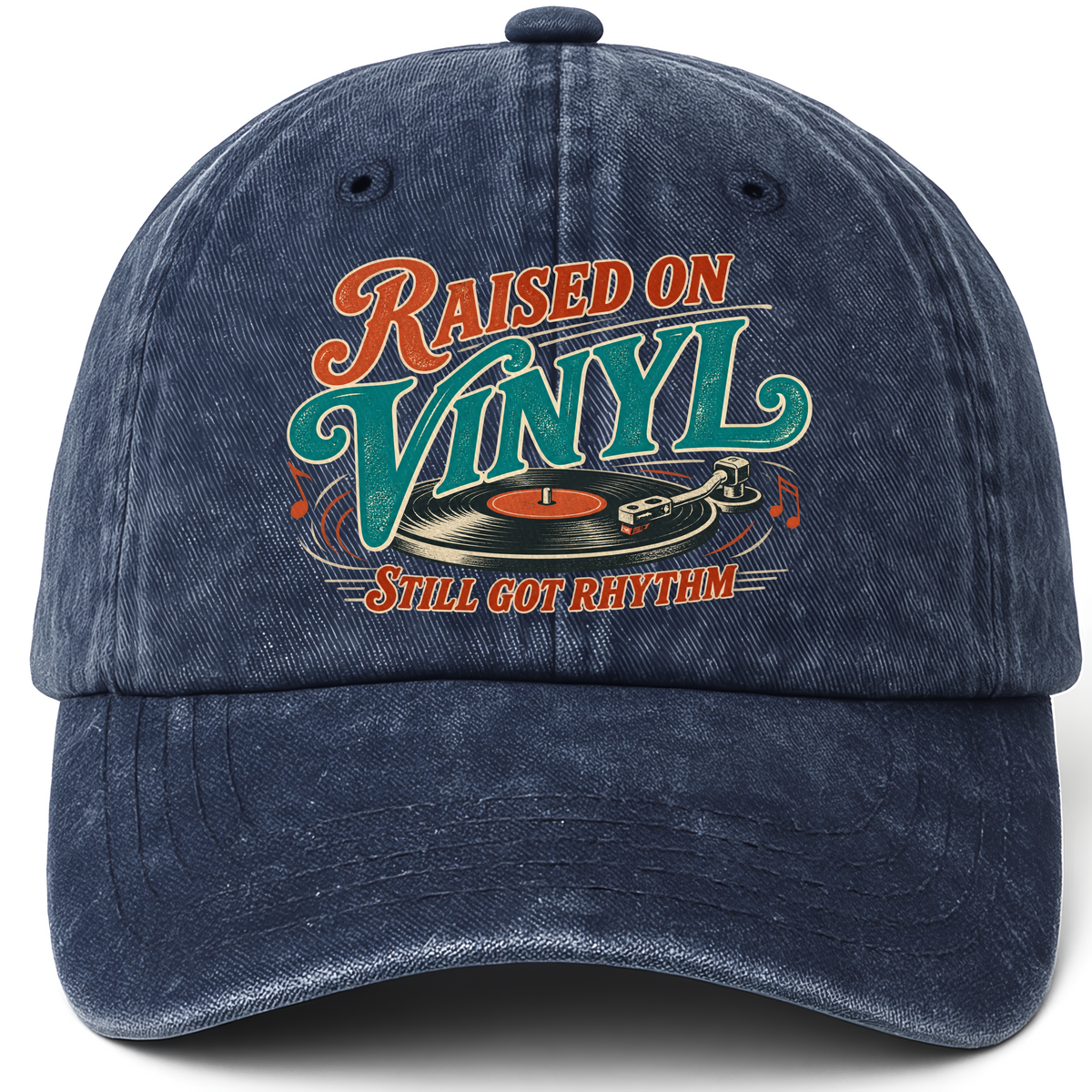 Navy vintage washed cap with Raised On Vinyl Still Got Rhythm printed front design