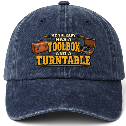 Navy vintage washed cap with 33 toolbox and turntable ideogram 4x TRIM pad80 printed front design