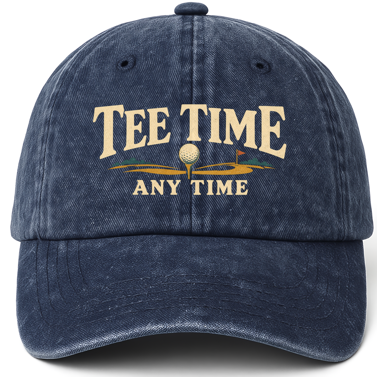 Navy vintage washed cap with Tee Time Anytime printed front design