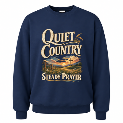 Navy vintage sweatshirt with Quiet Country Steady Prayer printed front design