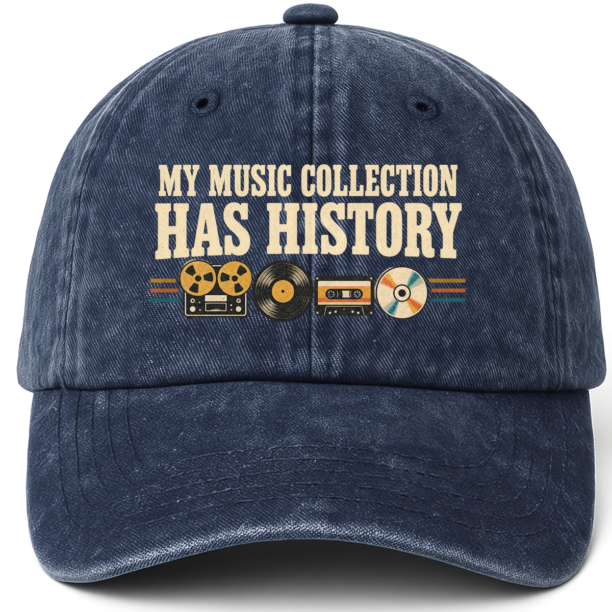 Navy vintage washed cap with My Music Collection Has History printed front design