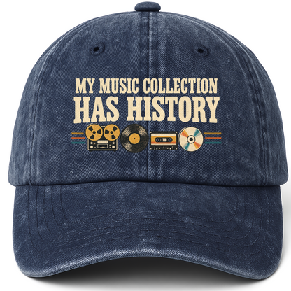 Navy vintage washed cap with My Music Collection Has History printed front design