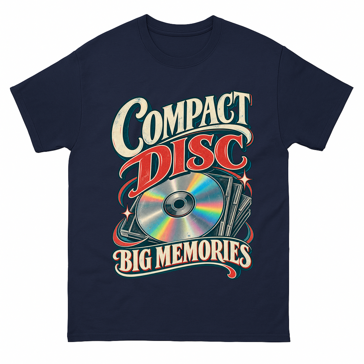 Navy vintage t-shirt with Compact Disc Big Memories printed front design