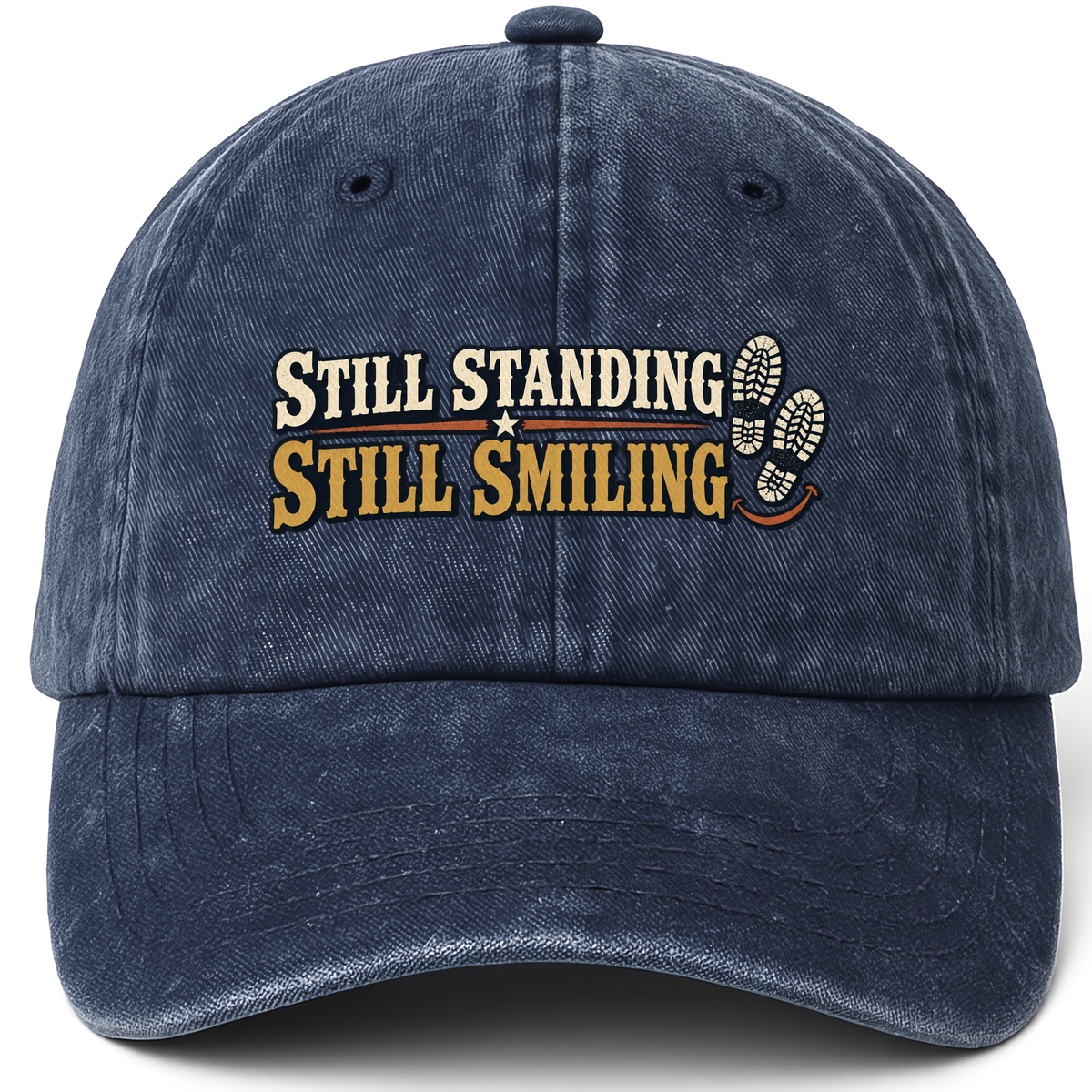 Navy vintage washed cap with Still Standing Still Smiling printed front design