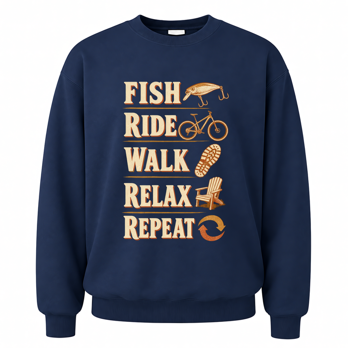 Navy vintage sweatshirt with Fish Ride Walk Relax Repeat printed front design
