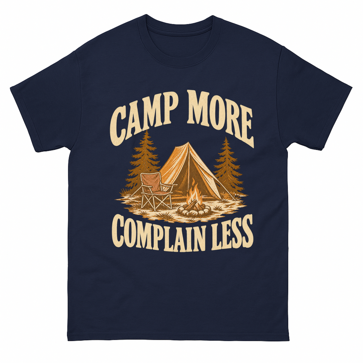 Navy vintage t-shirt with Camp More. Complain Less printed front design
