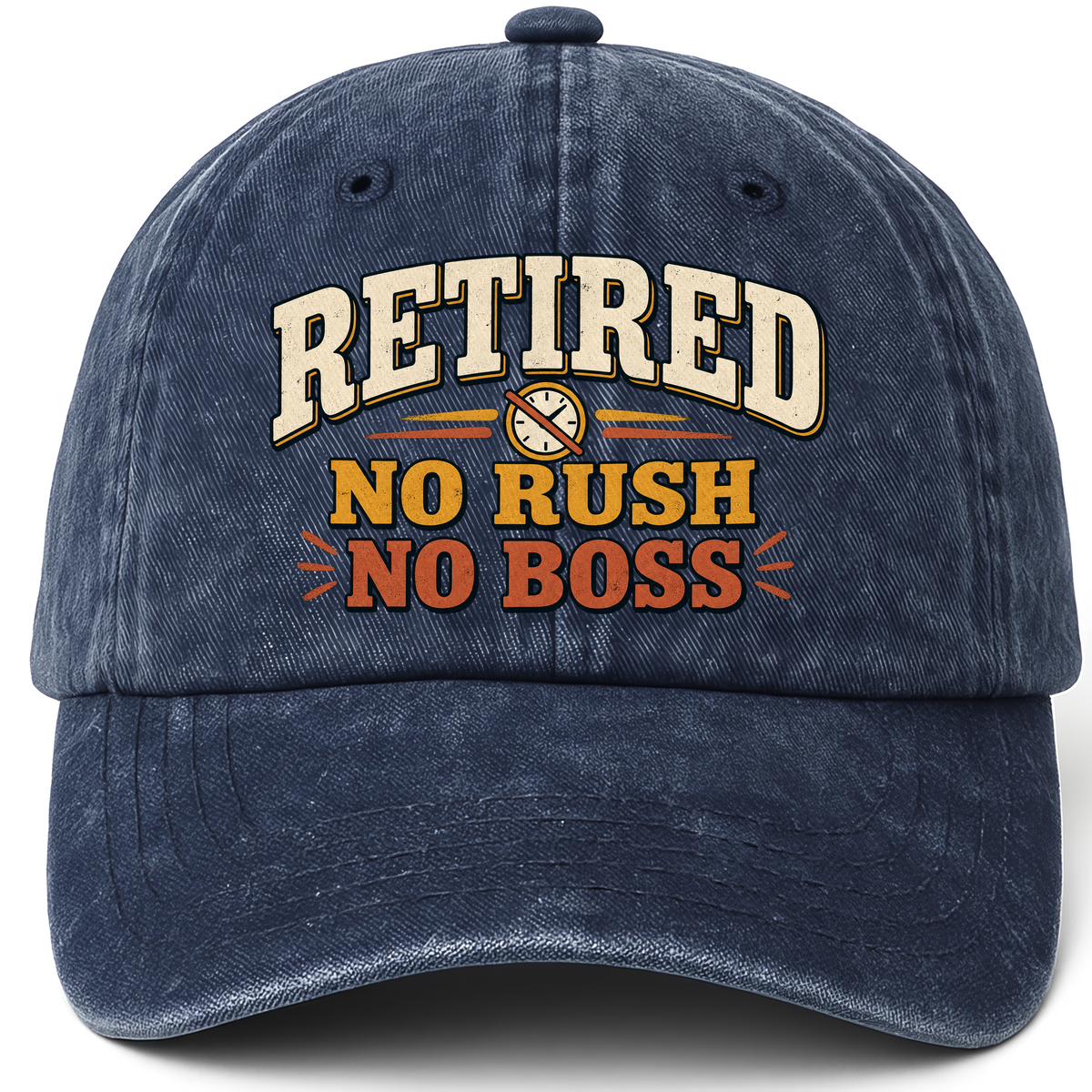 Navy vintage washed cap with Believed No Rush No Boss printed front design