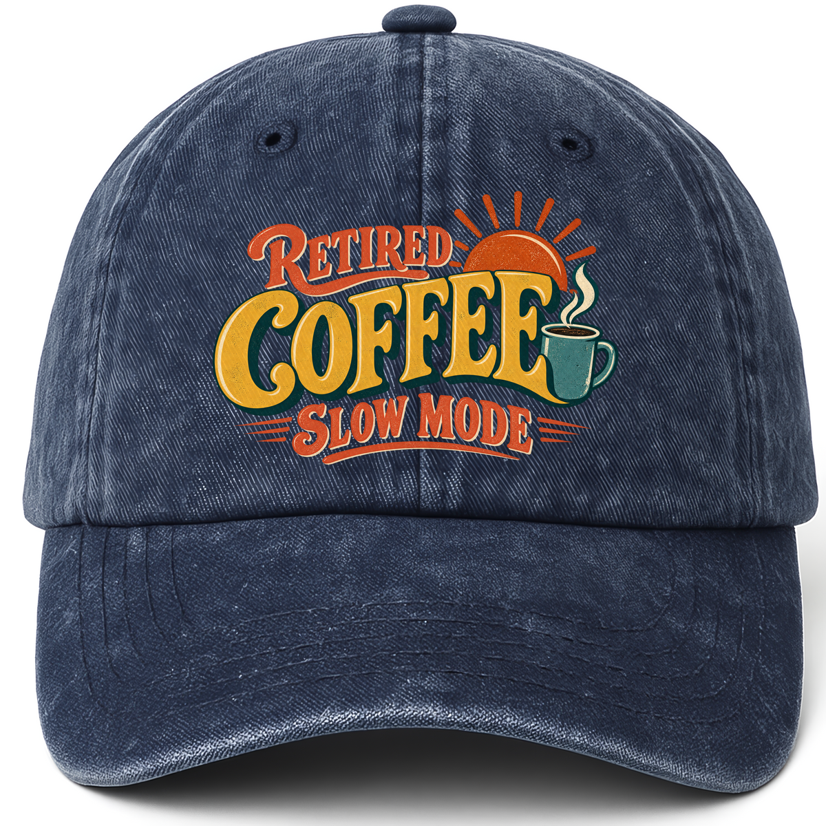Navy vintage washed cap with Retired Coffee Slow Mode printed front design