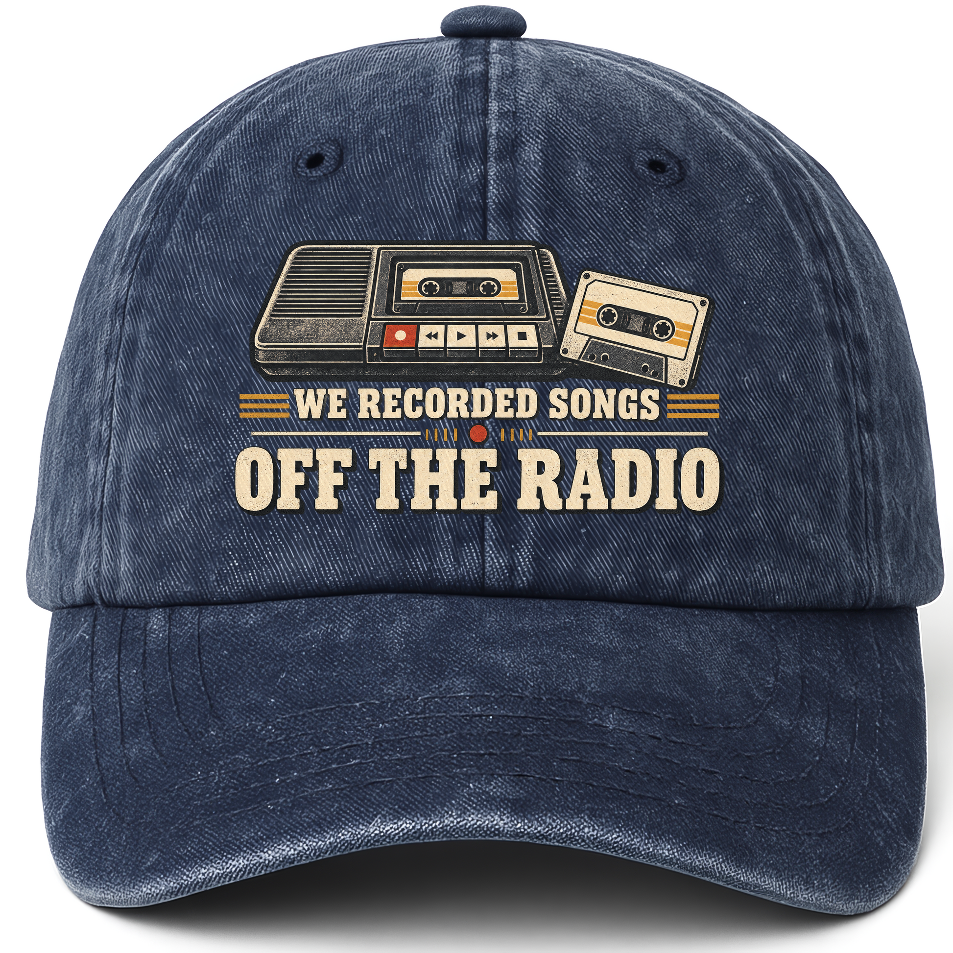 Navy vintage washed cap with We Recorded Songs Off The Radio printed front design