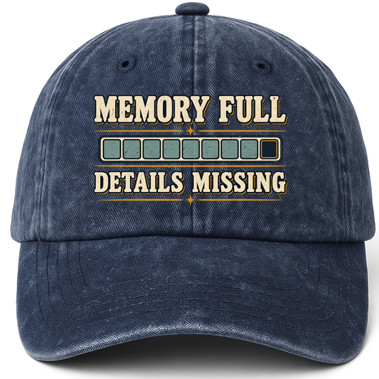 Navy vintage washed cap with Memory Full Details Missing printed front design