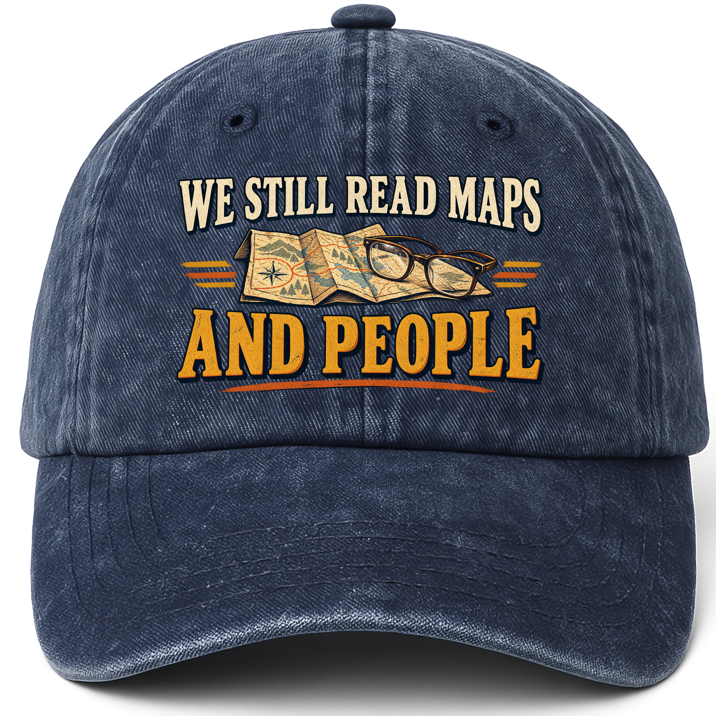 Navy vintage washed cap with We Still Read Maps And People printed front design