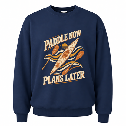 Navy vintage sweatshirt with Paddle Now. Plans Later printed front design