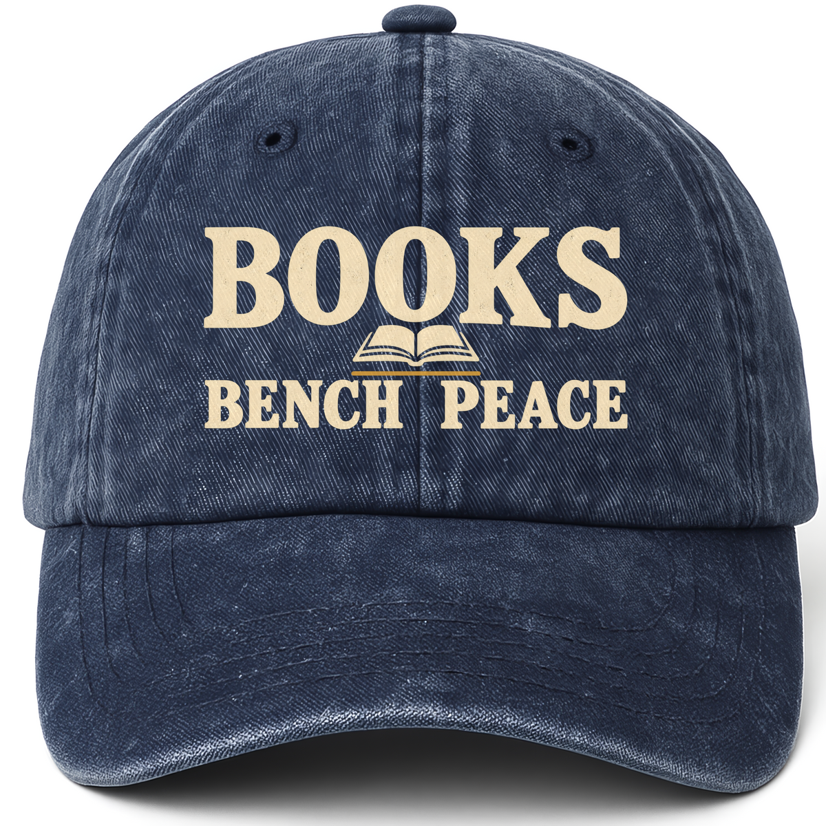 Navy vintage washed cap with Books Bench Peace printed front design