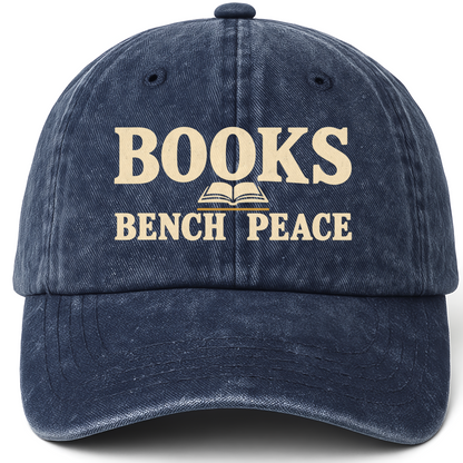 Navy vintage washed cap with Books Bench Peace printed front design