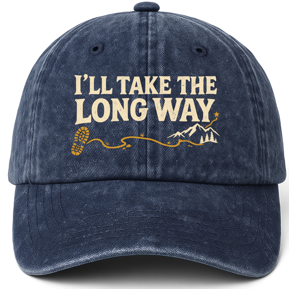 Navy vintage washed cap with I’ll Take The Long Way printed front design