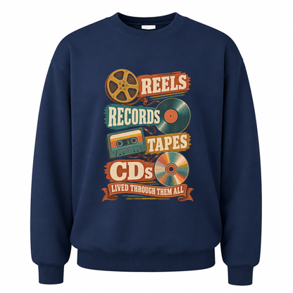 Navy vintage sweatshirt with Reels Records Tapes Cds Lived Through Them All printed front design