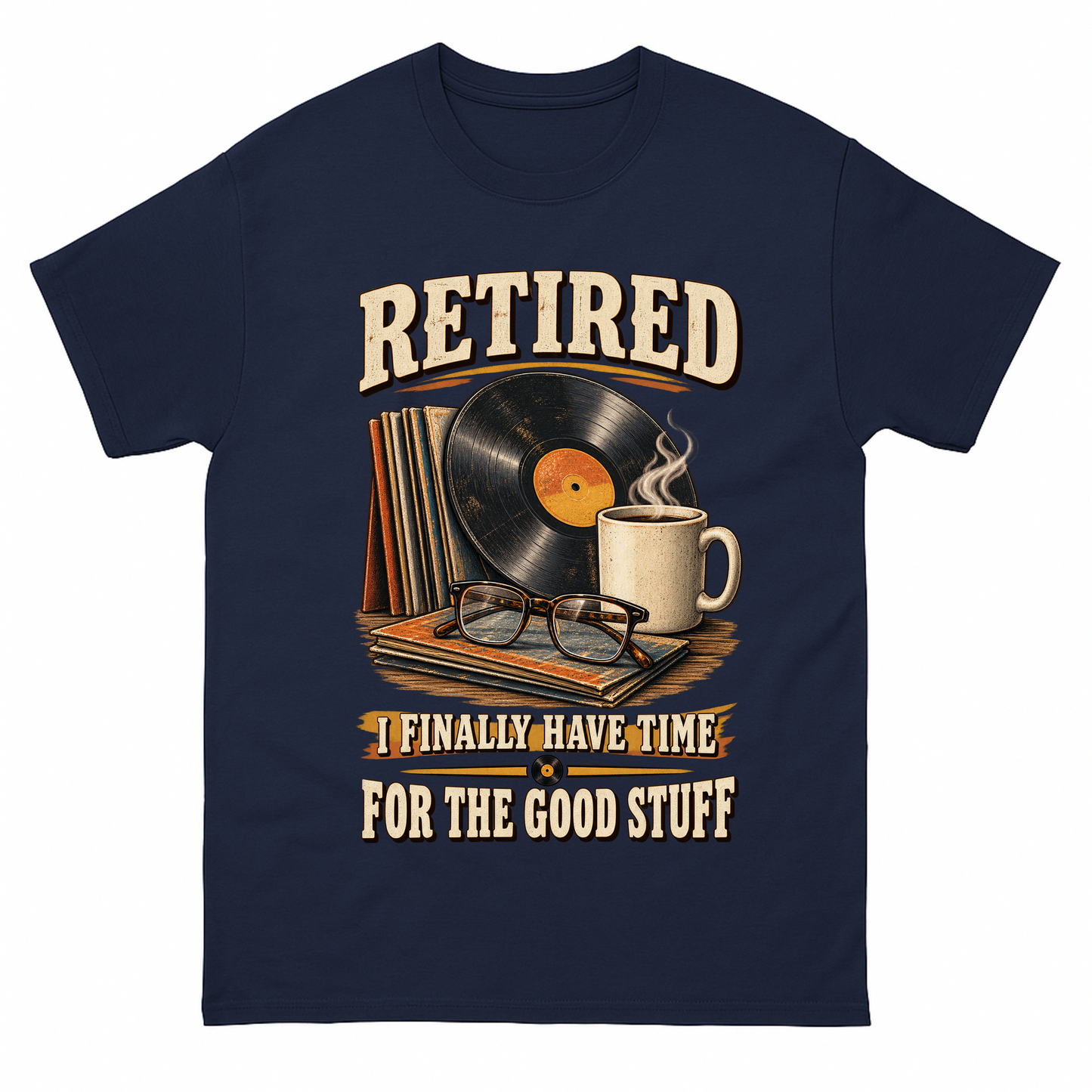 Navy vintage t-shirt with 40 time for the good stuff ideogram 4x printed front design