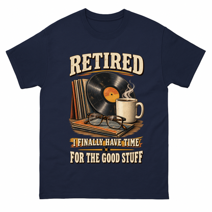 Navy vintage t-shirt with 40 time for the good stuff ideogram 4x printed front design