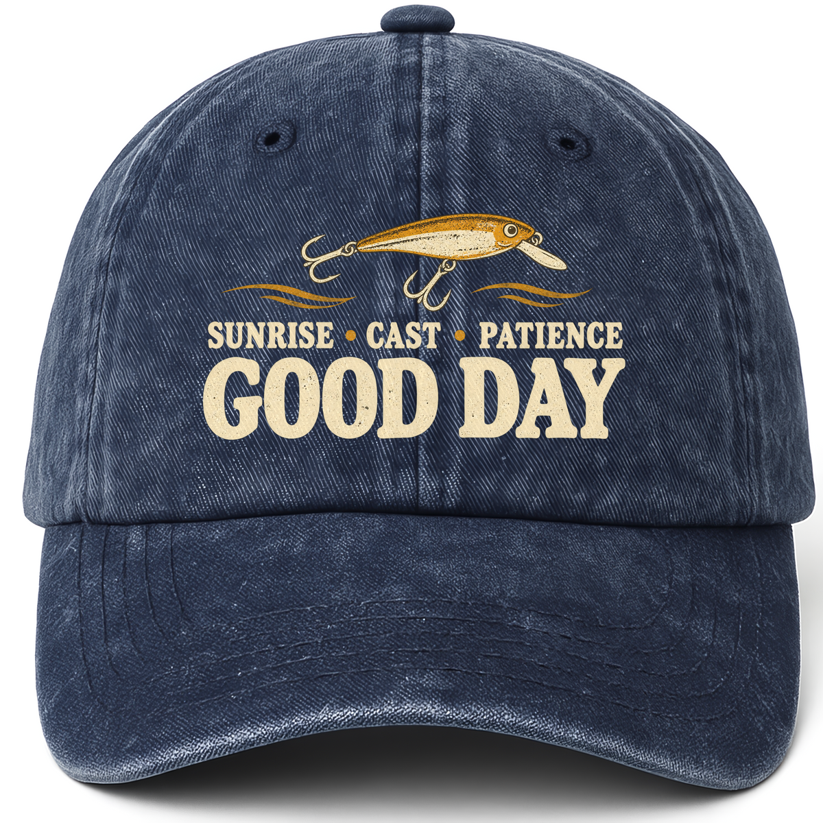 Navy vintage washed cap with Sunrise • Cast • Patience. Good Day printed front design