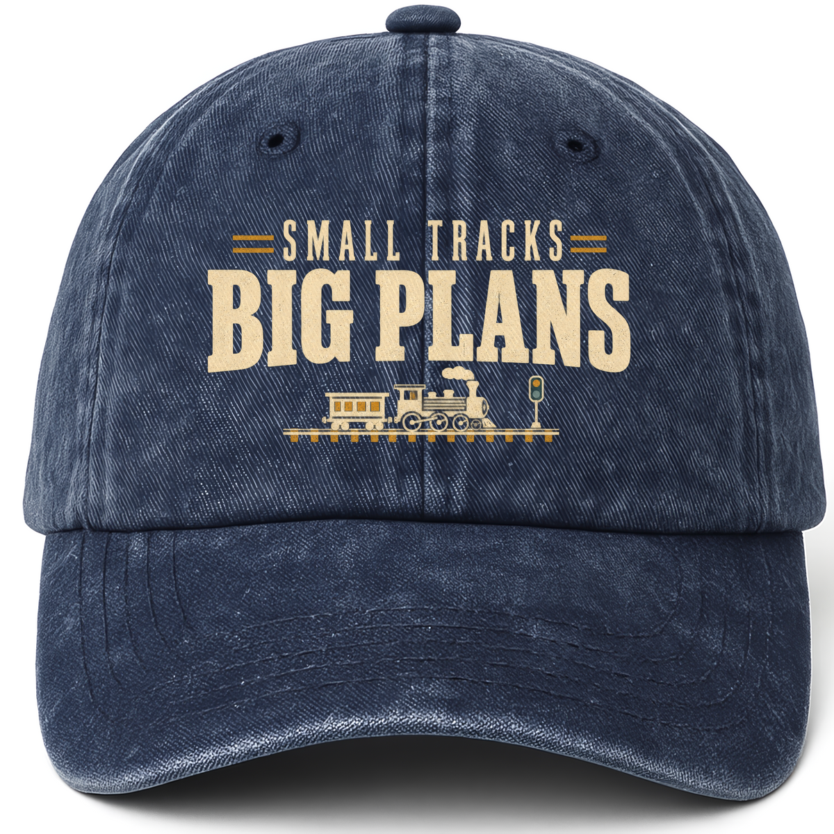 Navy vintage washed cap with Small Tracks Big Plans printed front design